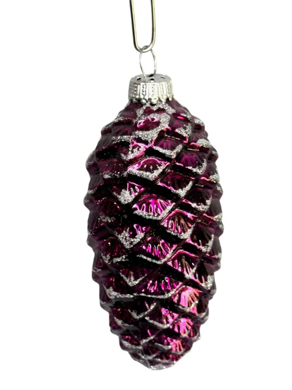 Vintage German Amethyst Pinecone Glass Christmas Ornament Silver Glitter 4" - Picture 5 of 6
